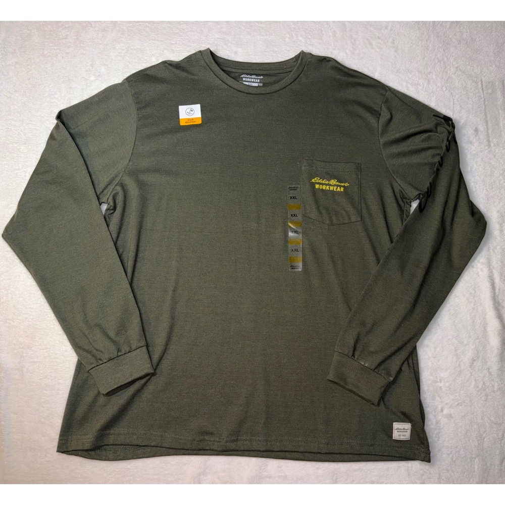 Eddie Bauer Workwear Mens XXL Long Sleeve Shirt Pocket Graphic Olive Green